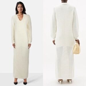 FRAME Ivory Crochet Long Sleeve Collared V-Neck Side Slit Maxi‎ Shift Dress